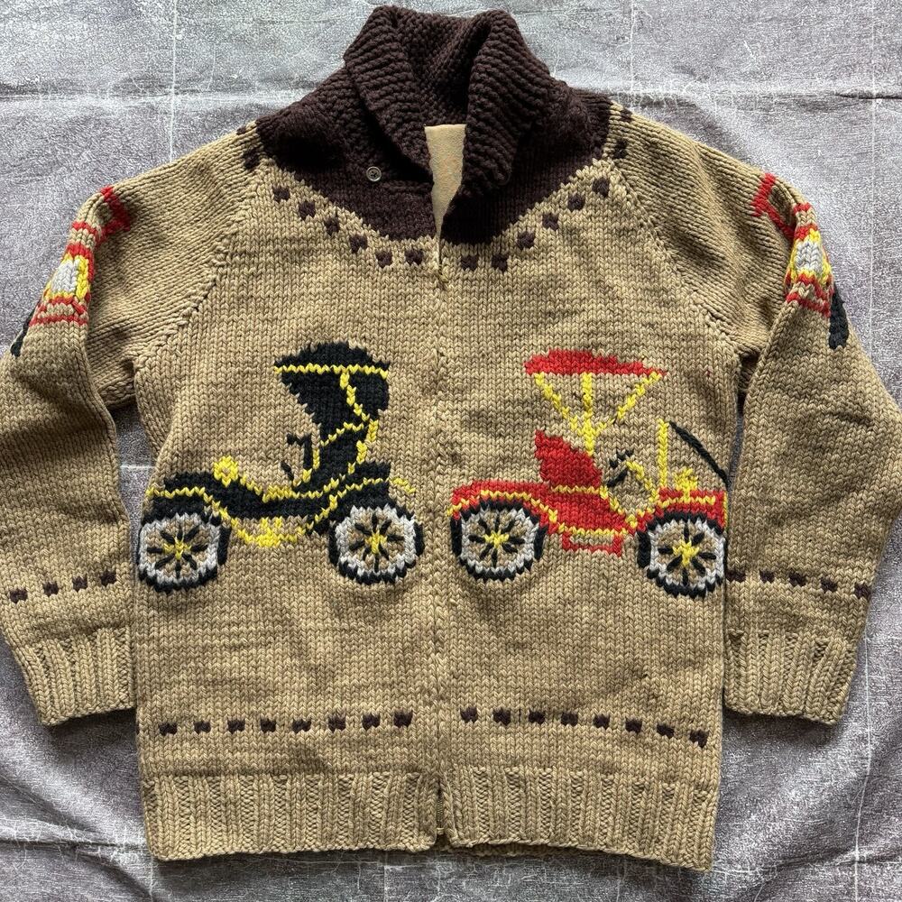 Mens Vintage 50s Hand Knit Cowichan Ford Model T A Cardigan Sweater Jacket Sz XL